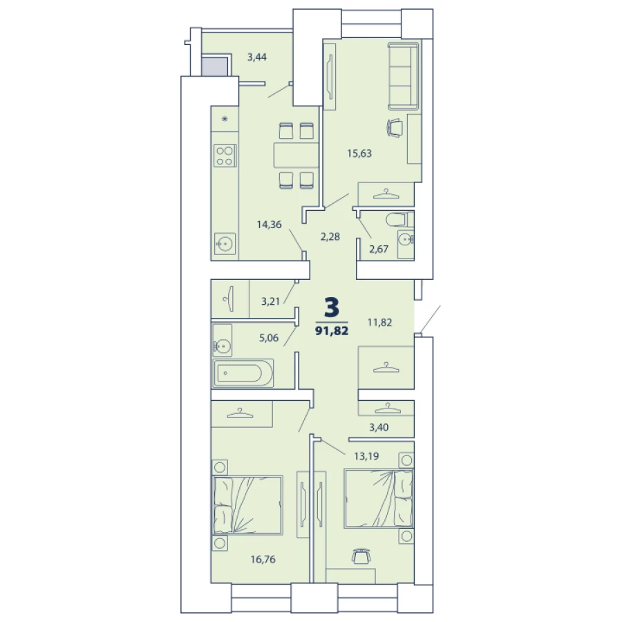 3-ая квартира 91.82 м2 с улучшенной планировкой